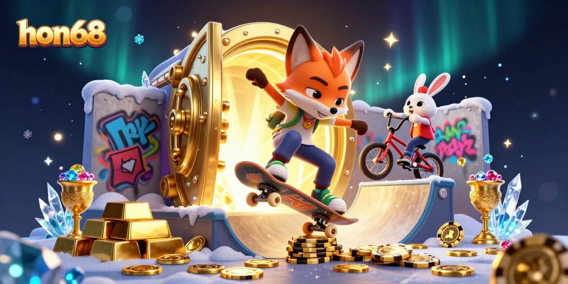 Experience excitement at hon68 with a skateboarder fox and BMX rabbit among casino-themed treasures and games.