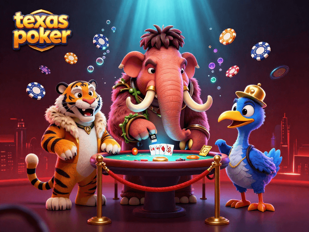 Engage in texas poker under the watchful eye of a woolly mammoth bouncer and VIP guest, surrounded by poker elements.