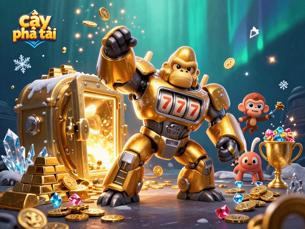 Catching big wins with cây phát tài featuring a golden gorilla mech amidst a vibrant treasure scene.