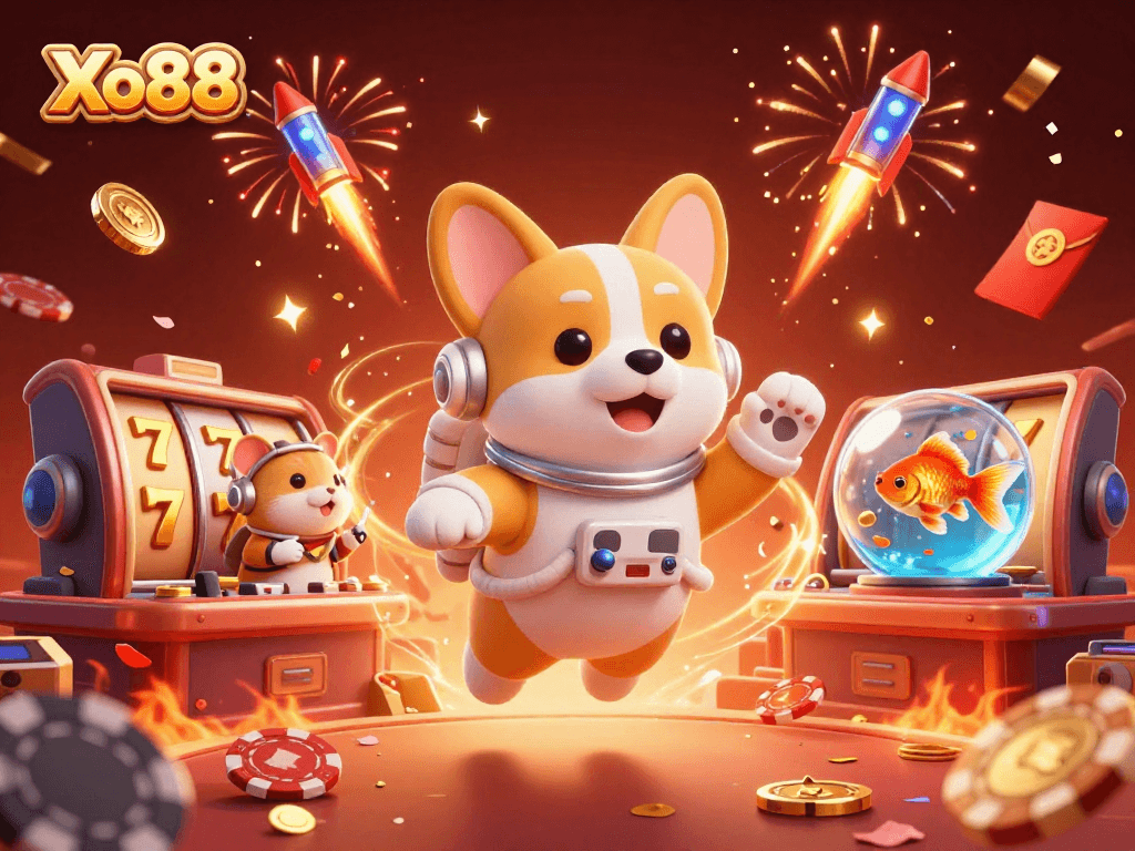 Experience the vibrant gaming world of Xo88 with floating coins, slot reels, and festive elements.
