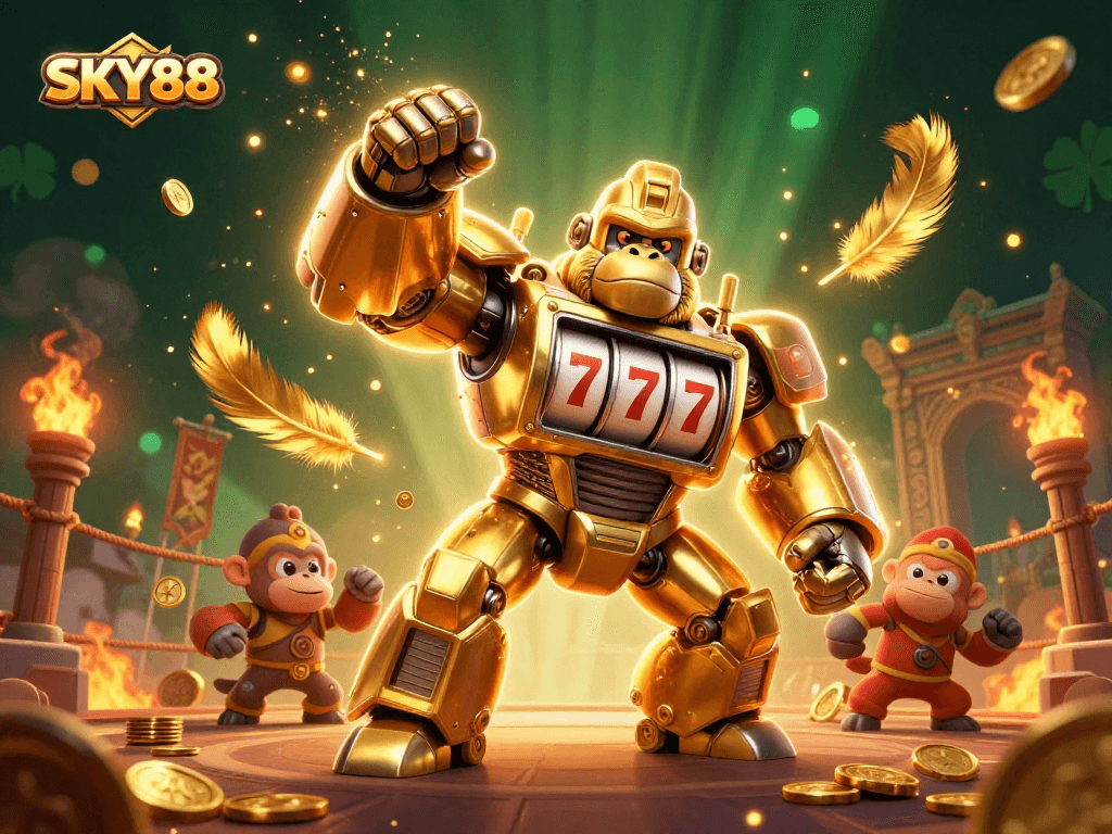 Experience thrilling wins with SKY88's golden gorilla mech and dynamic casino elements.