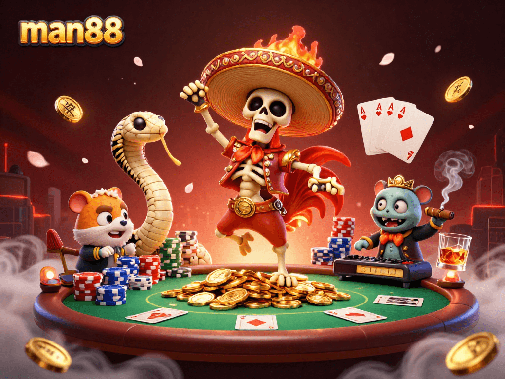 man88 showcases a lively 3D illustration of a mariachi rooster and friends celebrating on poker elements.