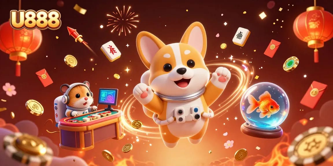 Experience the excitement of U888 casino in a vibrant space scene with floating game elements.
