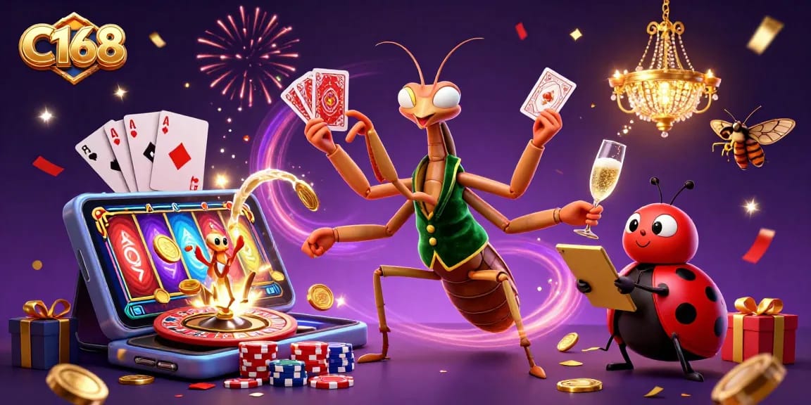 Experience thrilling wins at C168 with a giant praying mantis card sharp in a vibrant casino scene.