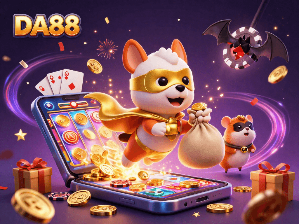 Experience the thrill of winning at DA88 with dynamic characters, gold coins, and vibrant casino games.