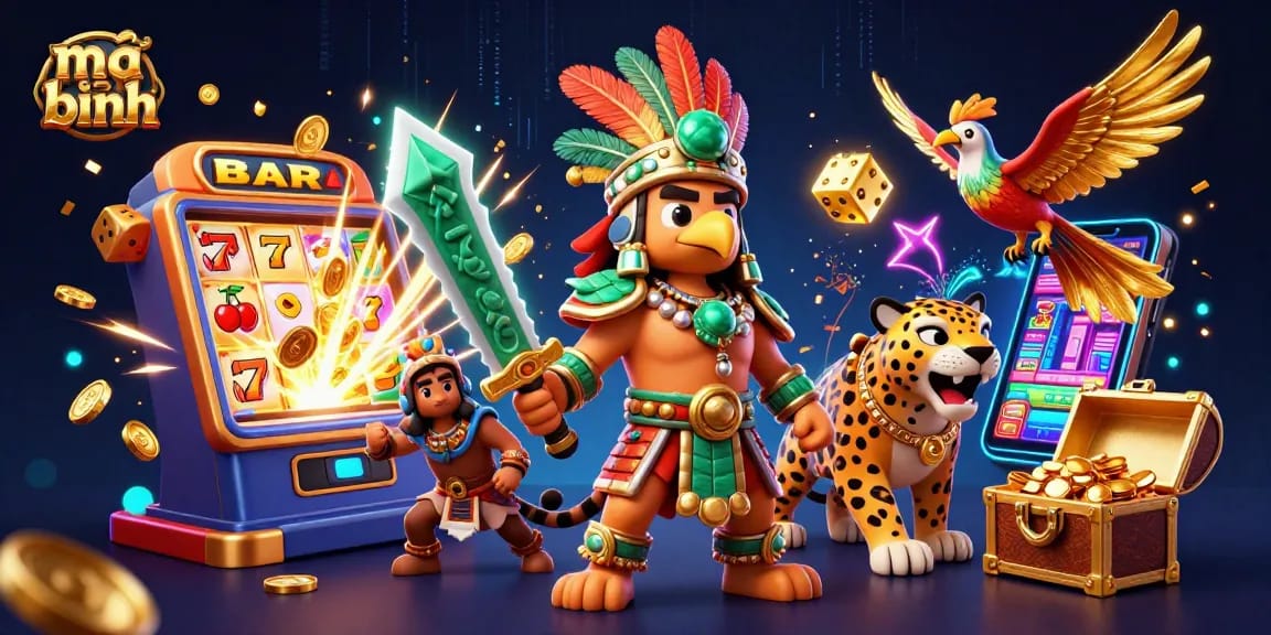 Engage in mậu binh gaming with dazzling 3D Aztec warriors, flying jackpot symbols, and thrilling casino elements.