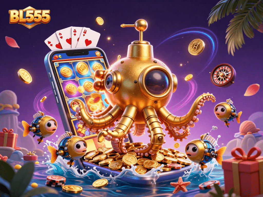 Engage in thrilling gameplay at BL555 with a golden kraken submarine and casino-themed elements.
