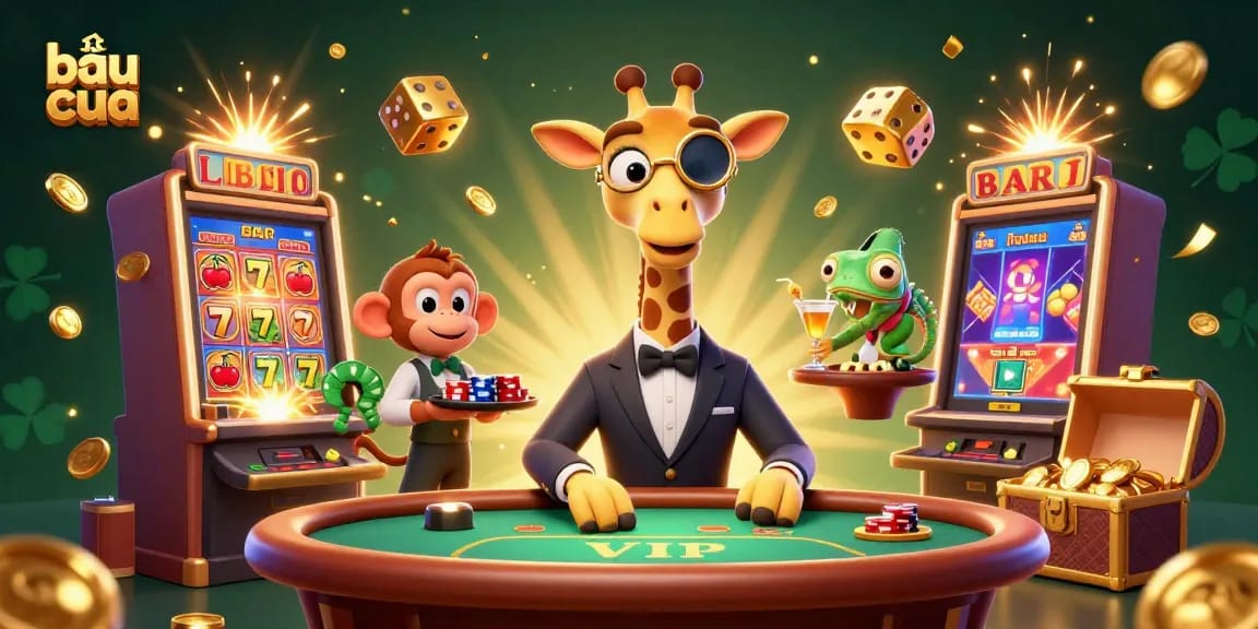 Engage in exciting bầu cua gameplay with a vibrant 3D illustration showcasing a giraffe, monkey, and chameleon at a casino.