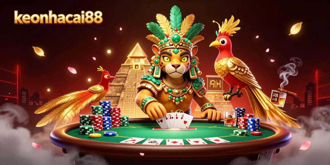 Engage with keonhacai88 through a vibrant 3D casino scene showcasing poker excitement and rich details.