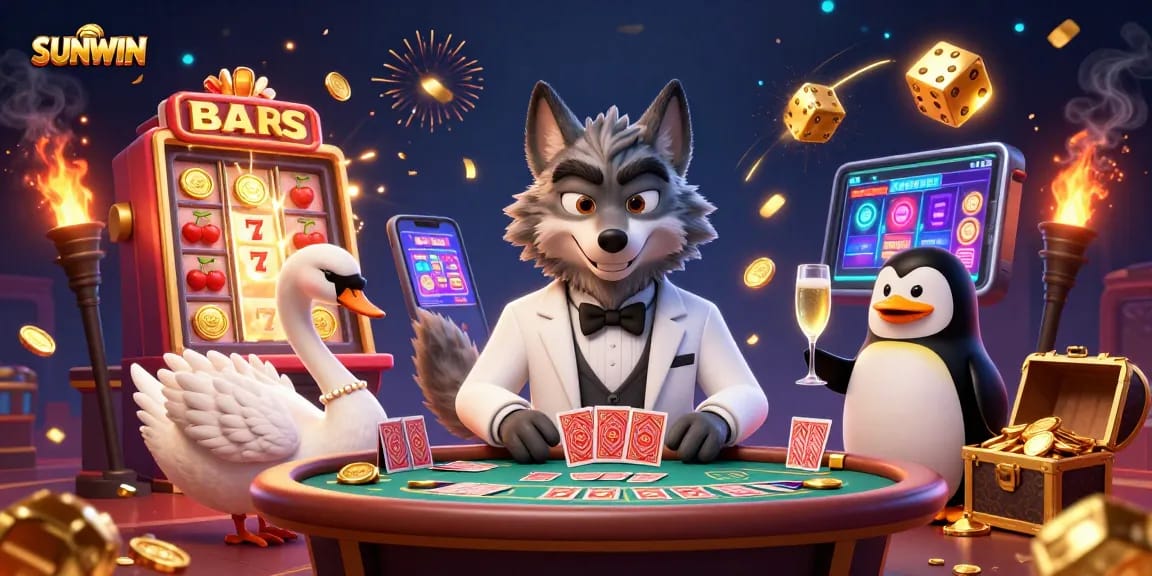 SUNWIN casino scene featuring a debonair wolf, elegant swan, and penguin with jackpot celebrations