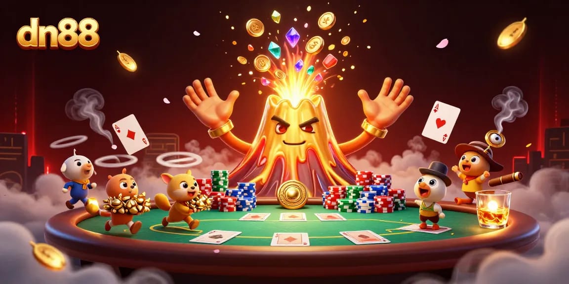 Win big with dn88 as a golden volcano erupts coins and treasures around a lively poker scene.