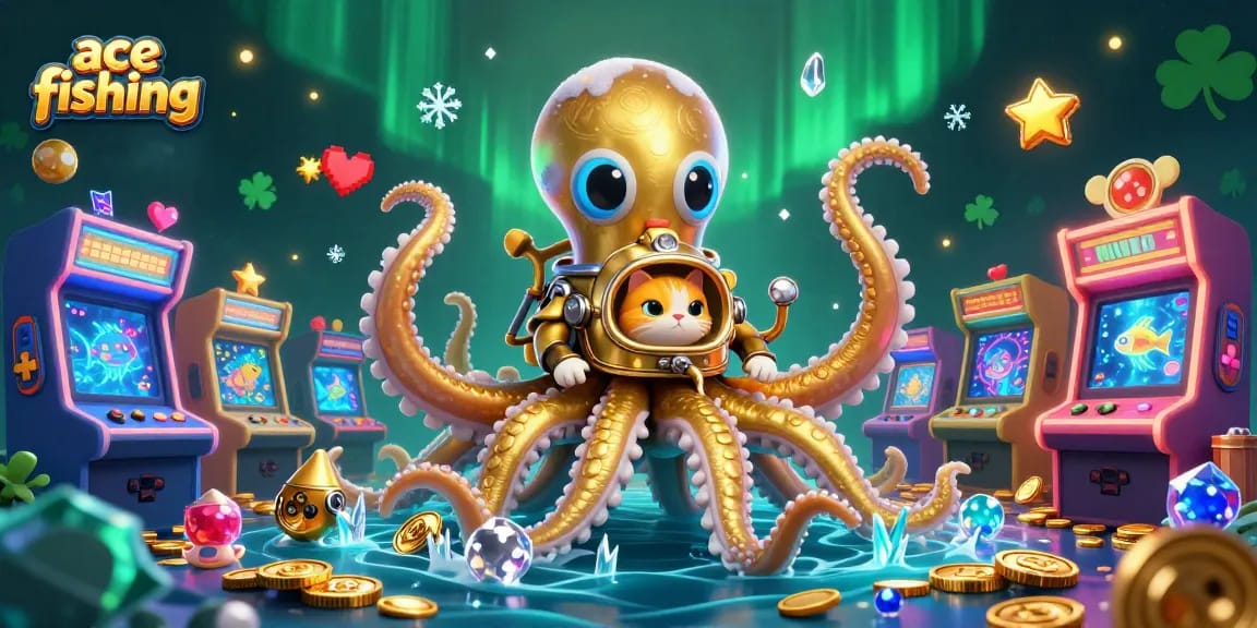 Engage in ace fishing with a colossal kraken and vintage diver amidst glowing arcade machines.