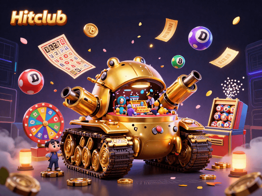 Hitclub showcases a dynamic casino scene with a golden beetle tank and vibrant lottery game elements.