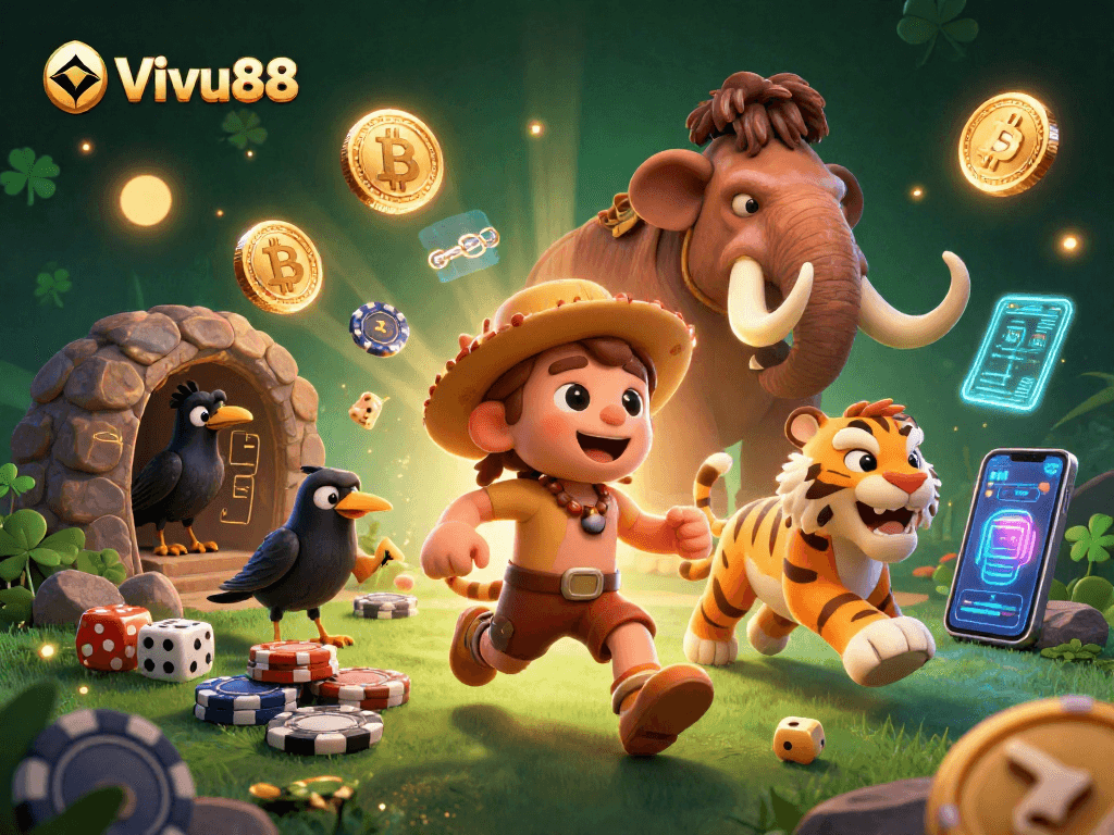 Engage in thrilling games at Vivu88, showcasing a unique prehistoric casino experience.