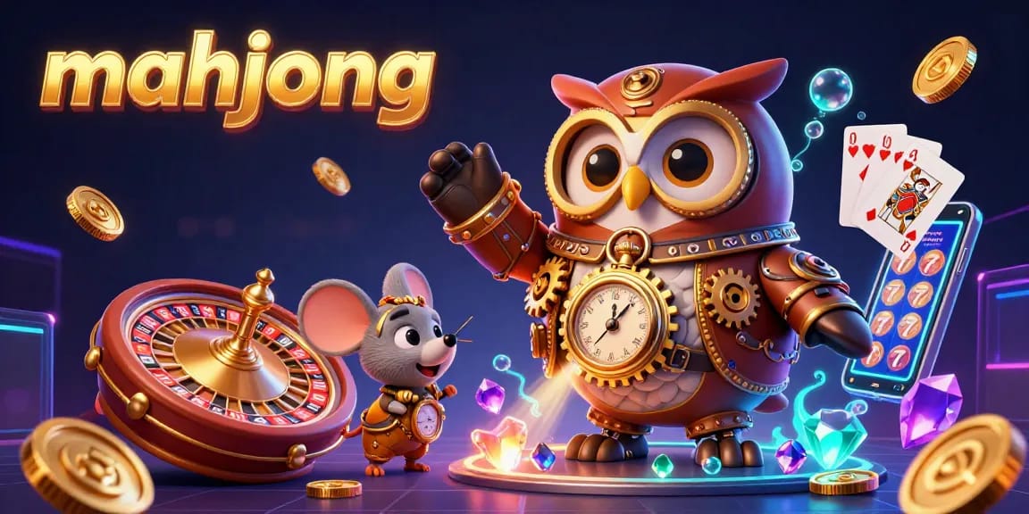 Experience thrilling mahjong gameplay with 3D characters amidst a vibrant casino scene showcasing slot reels and golden coins.
