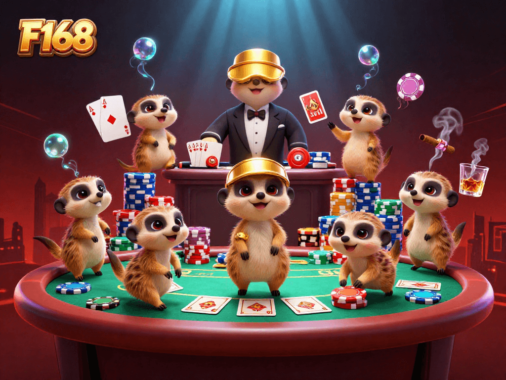 Engage in thrilling gameplay at F168 with meerkats managing vibrant poker scenes in a dynamic casino.