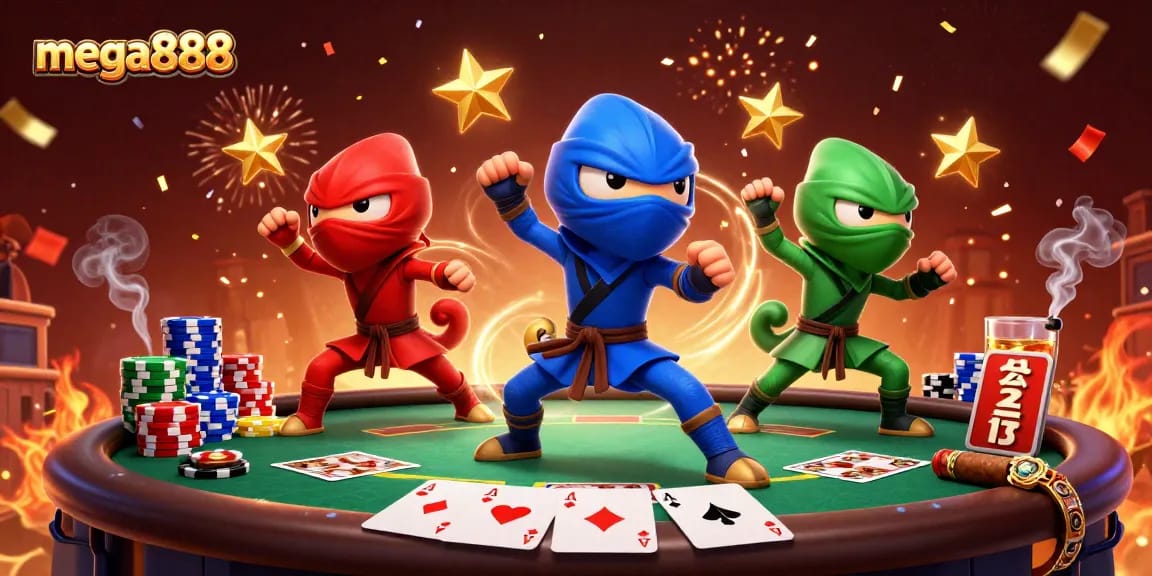 Mega888 ninja chameleons performing martial arts on a poker-themed rooftop surrounded by vibrant casino elements.