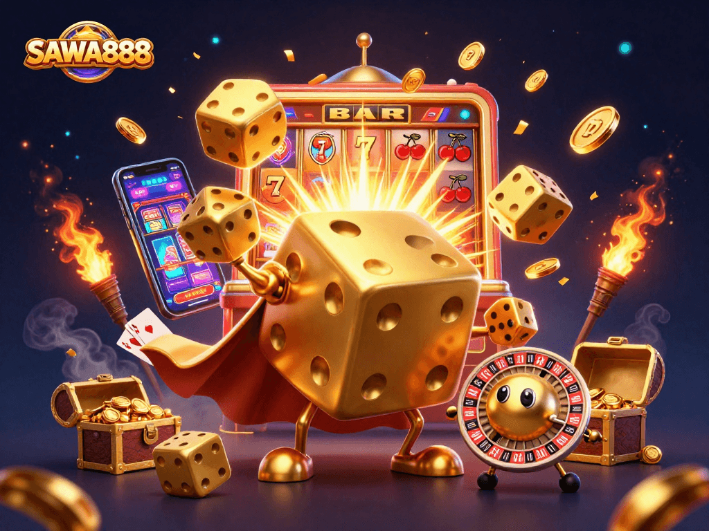 SAWA888 showcases a vibrant casino scene with golden dice and a bursting slot machine, enhancing gaming excitement.
