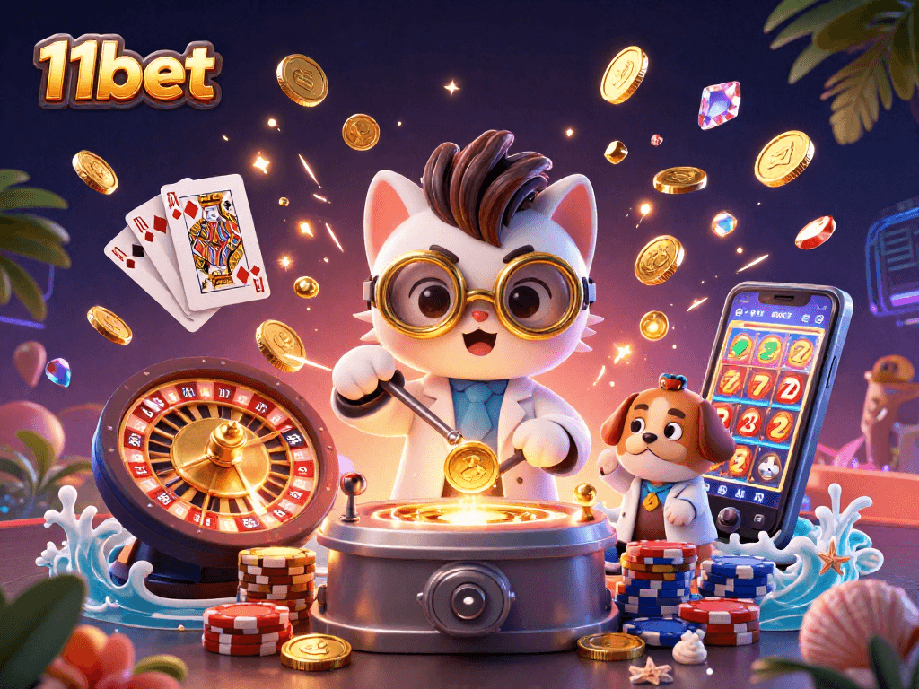 Generate excitement with 11bet's immersive gaming scene featuring dramatic 3D visuals