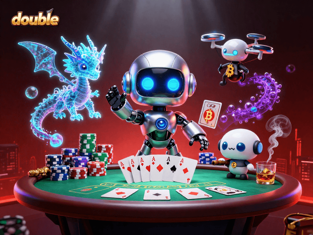 Engage in double casino action with a vibrant cyberpunk robot, an AI dragon, and dynamic poker elements.