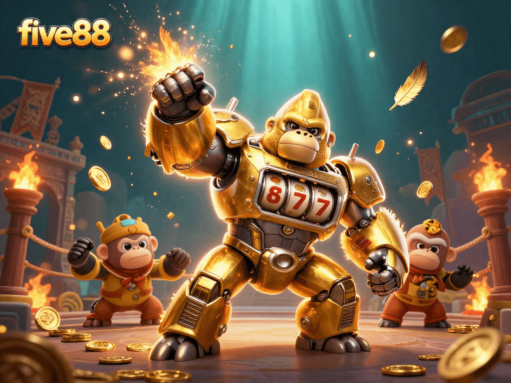 Experience the thrills of five88 with a dynamic scene featuring a golden gorilla mech and vibrant casino elements.