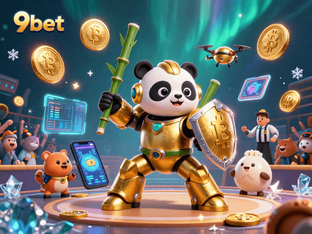 Engage with 9bet as a mech-suit panda battles in a vibrant casino arena filled with crypto elements.