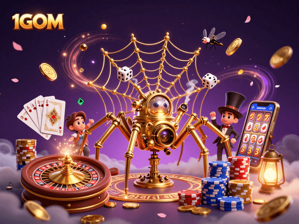 1GOM showcases a captivating 3D scene featuring a golden spider weaving a web of poker chips and coins.