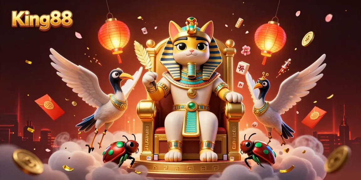 Experience King88's vibrant 3D casino world with Pharaoh cat and treasures in action.