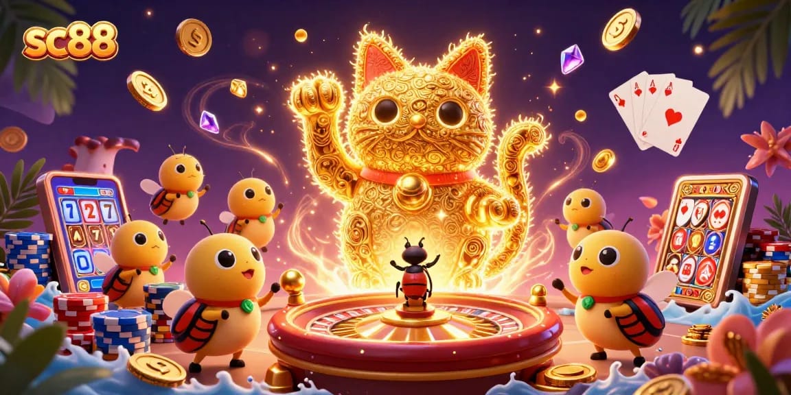 Experience excitement at sc88 with vibrant gaming elements and a lucky cat illustration.