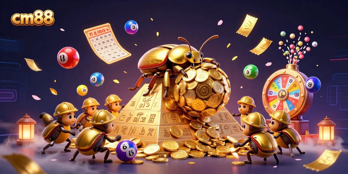 Engage with cm88's exciting casino world through a dynamic scene of gold and playful lottery elements.