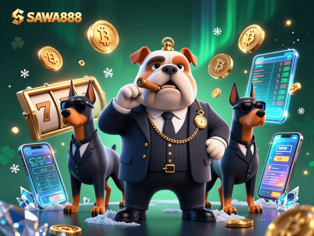 Experience thrilling play at SAWA888 with mafia boss and bodyguard dodging Bitcoin coins amid slot reels.