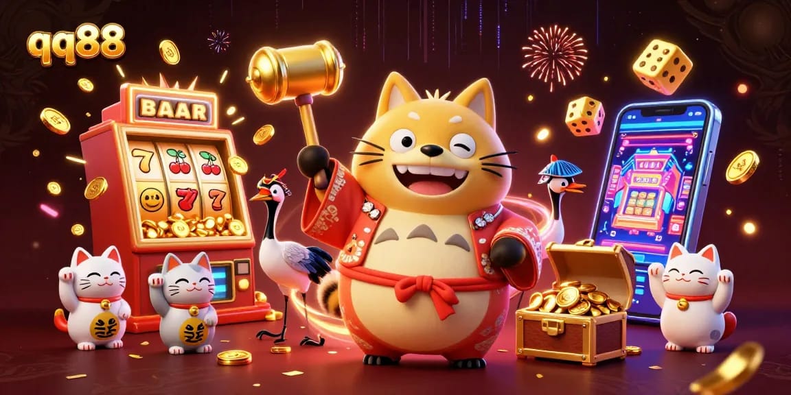 Win big with QQ88's exciting casino games, featuring vibrant characters and action-packed illustrations.