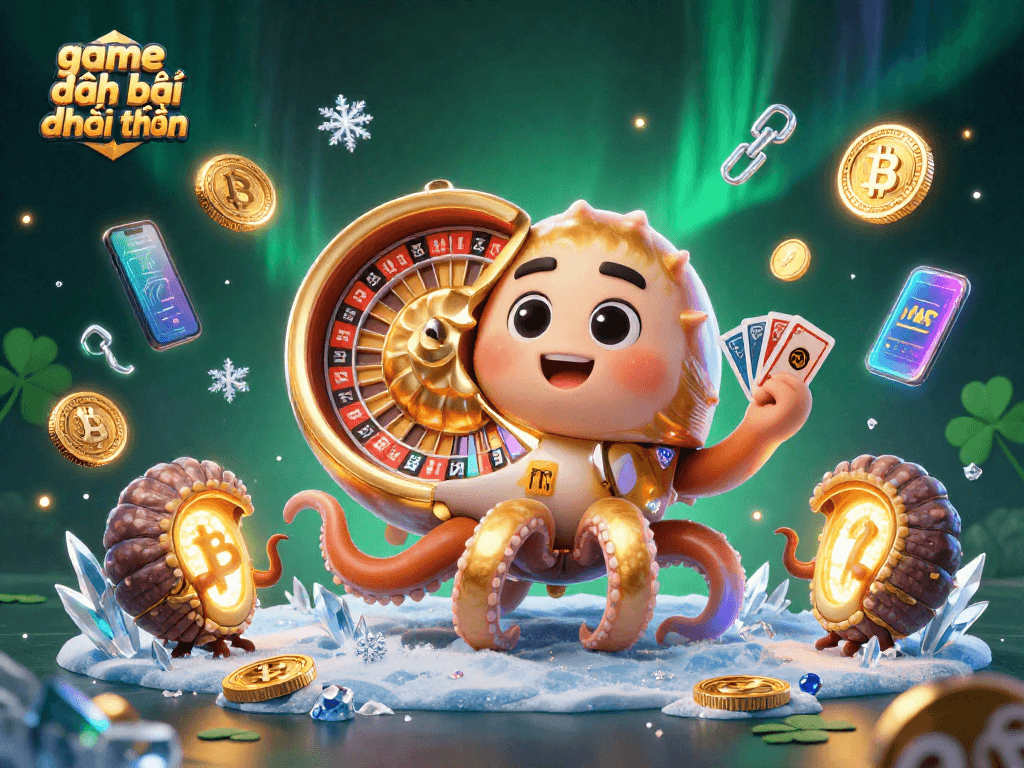 Play game đánh bài đổi thưởng with a lively 3D casino scene featuring a nautilus roulette wheel and crypto elements.