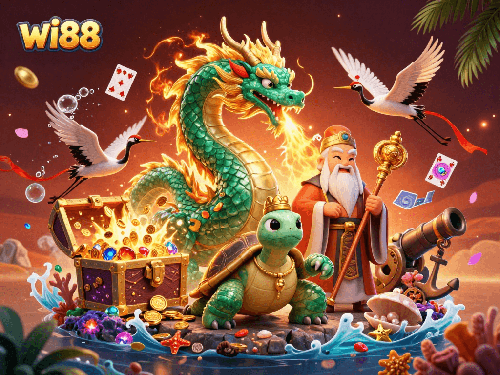 Experience the vibrant world of wi88 with an emerald dragon and lucky cranes amidst treasure explosions.