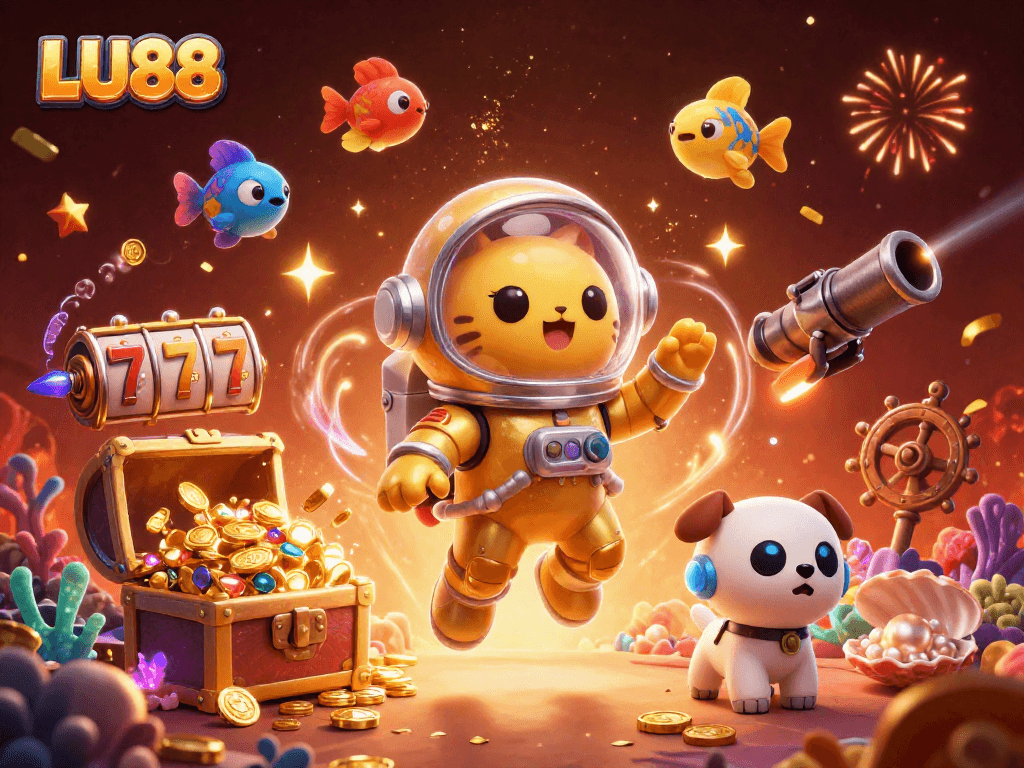 LU88 showcases a thrilling space casino game with a floating astronaut cat, rich visuals, and vibrant jackpot elements.
