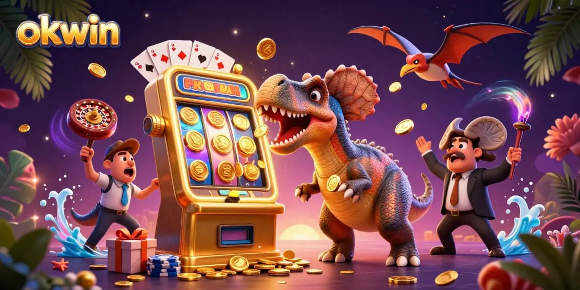 Experience excitement at okwin as a pachycephalosaurus wins jackpots in a vibrant casino scene.