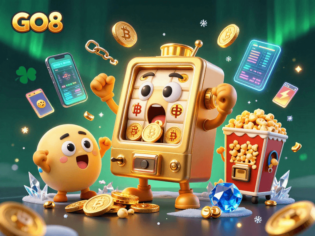 Experience jackpot thrills with GO8's golden slot machines amidst a vibrant casino scene.