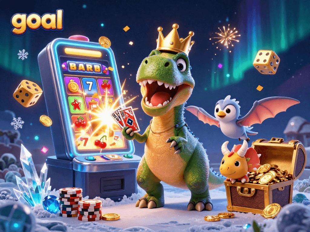 The goal slots scene shows a friendly T-Rex shuffling cards with a pterodactyl as a helper and a triceratops stacking chips.