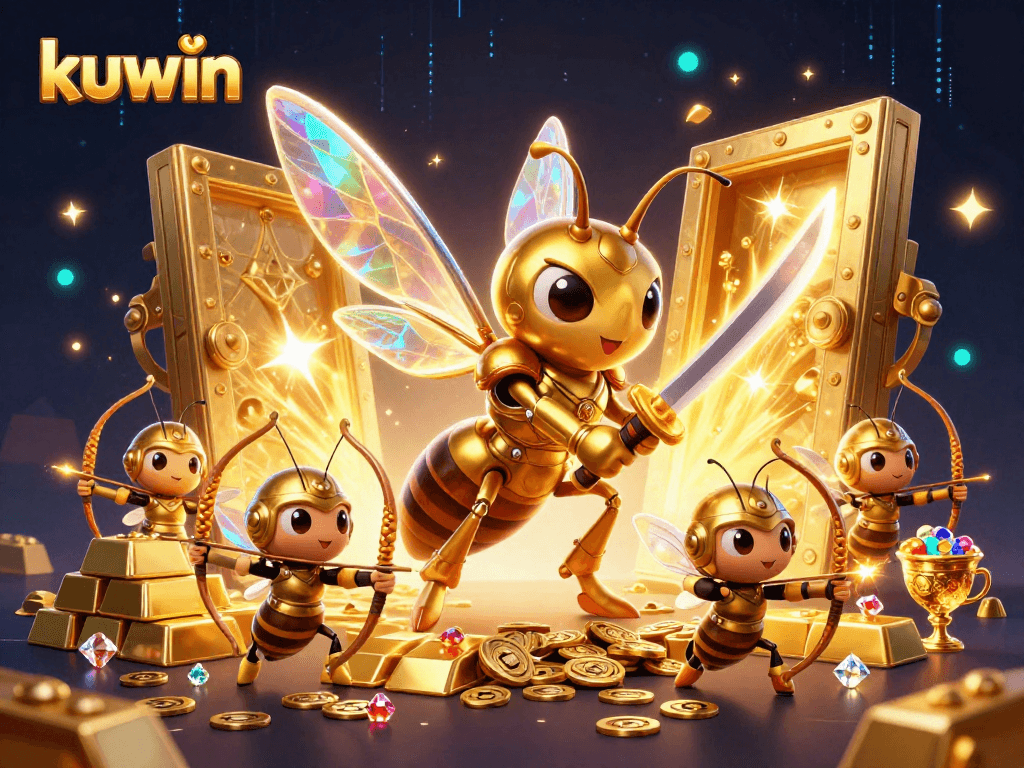 Kuwin showcases exciting gaming action with a golden hornet and bee archers amidst treasure in this vibrant 3D illustration.