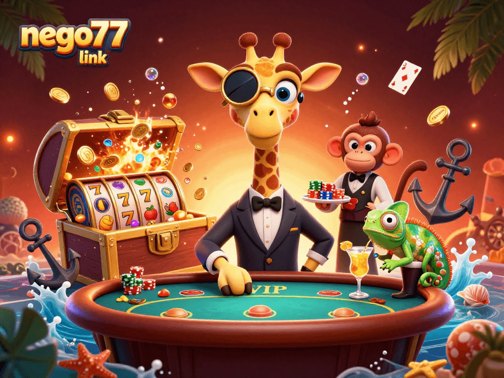 Engage with the nego77 link for thrilling slots, led by a stylish giraffe and vibrant casino elements.