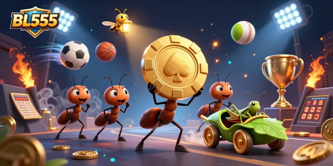 Experience thrilling gaming at BL555 with playful ants in a vibrant underground scene.