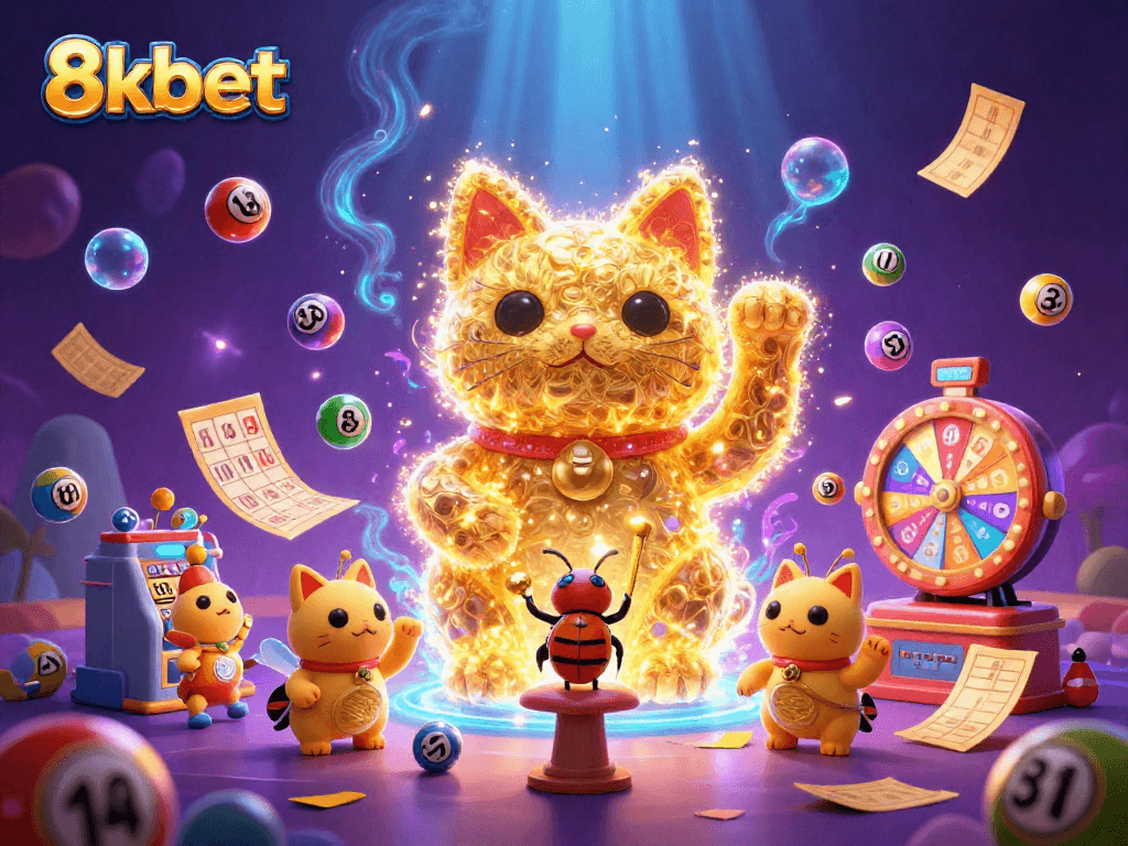 Experience the vibrant world of 8kbet with animated golden fireflies forming a lucky cat amidst lively casino symbols.