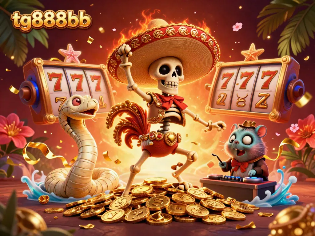Engage with tg888bb's vibrant casino scene featuring a dancing skeleton rooster surrounded by exciting slot game elements.