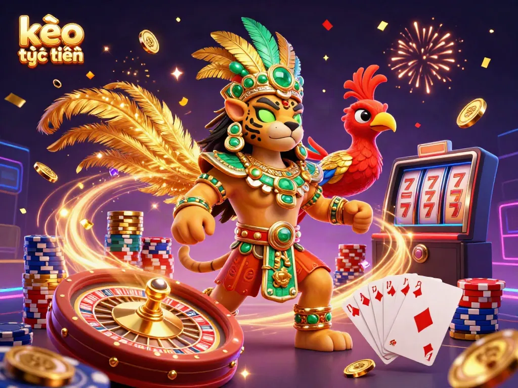Experience the thrill of kèo trực tuyến with a vibrant scene of a Mayan priest and casino elements.