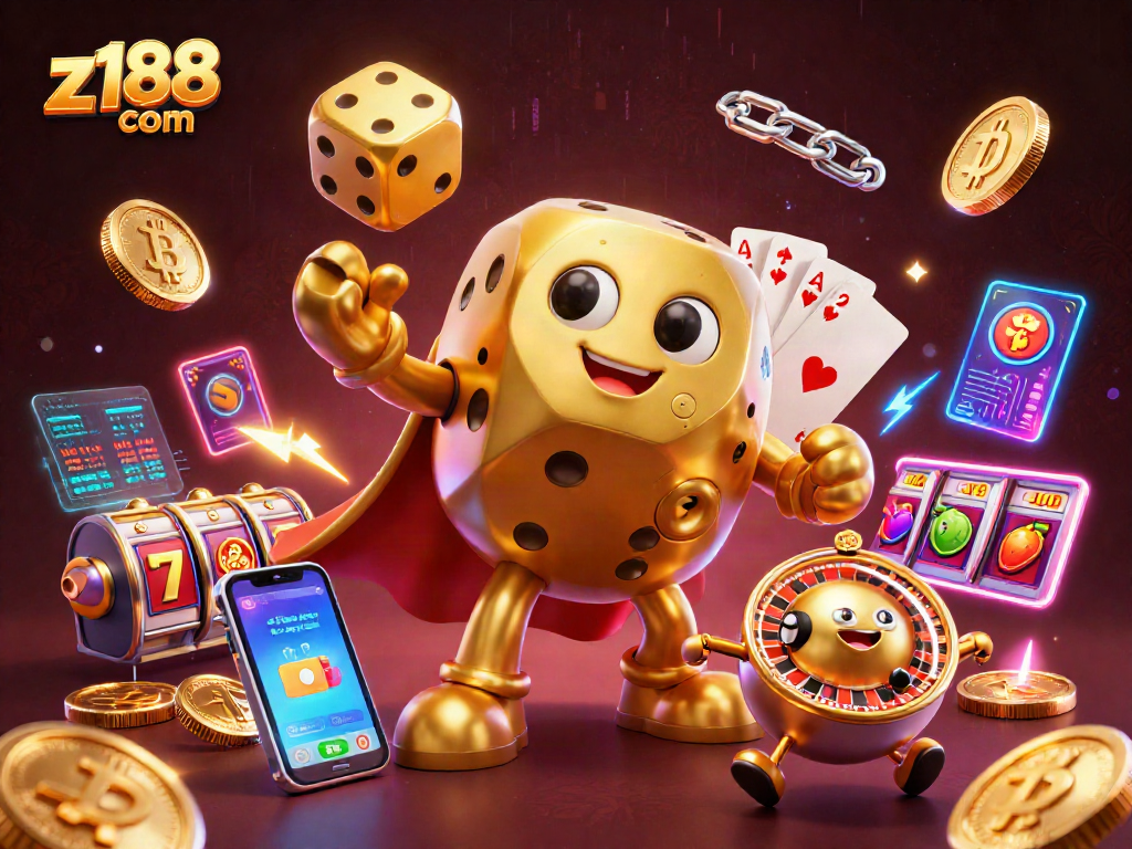 Engage with z188 com in a vibrant casino scene featuring golden dice and crypto elements.