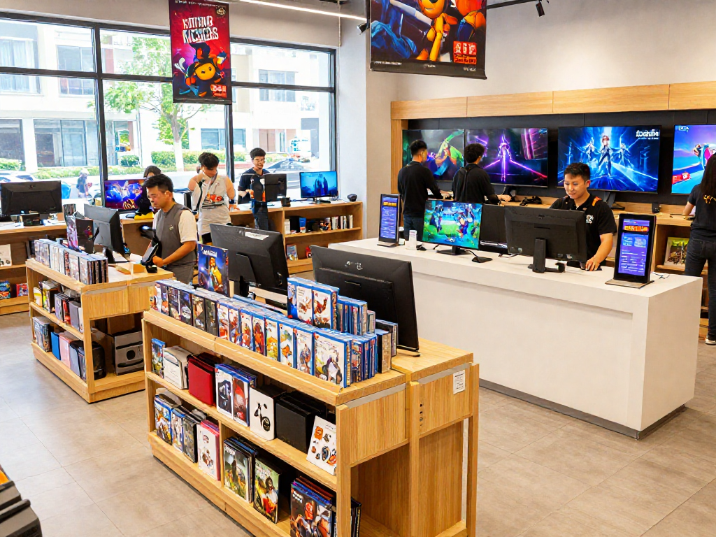 rokok88 game store browsing experience with vibrant shelves and happy gamers