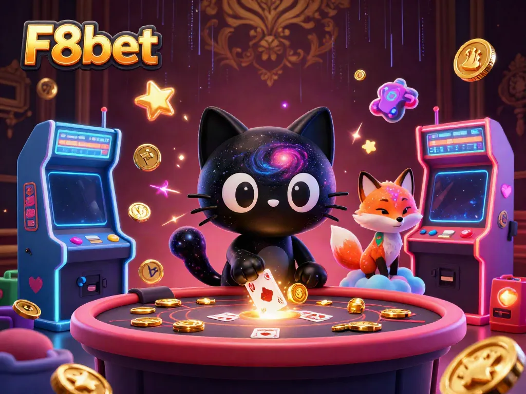Experience the cosmic charm of F8bet as the black hole cat draws in casino chips amidst vibrant gaming elements.