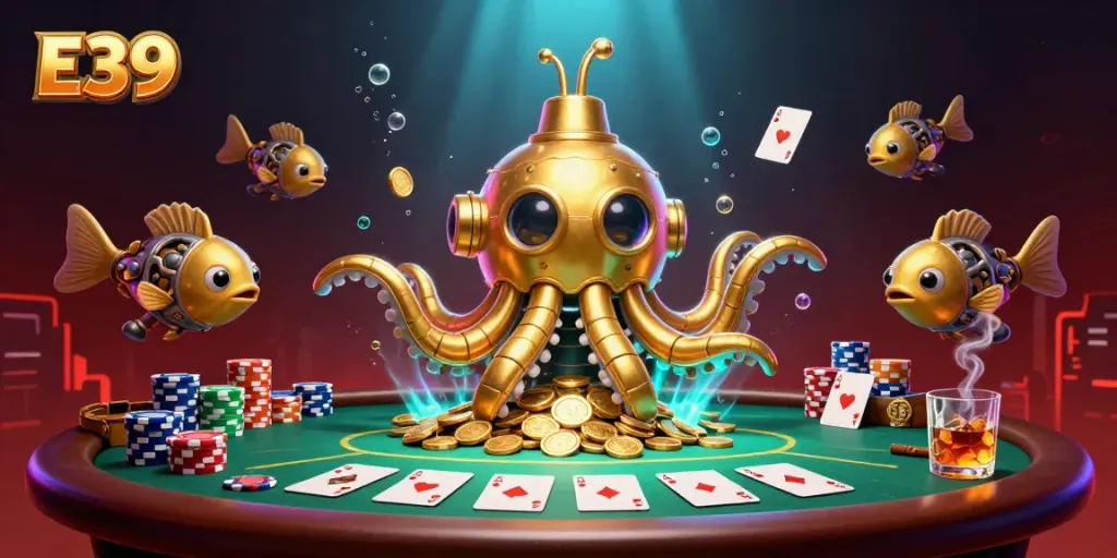 E39 showcases a dynamic underwater casino scene filled with golden coins and vibrant poker elements.