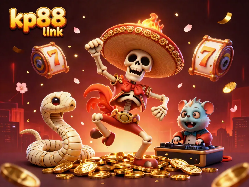 Celebrate wins with the vibrant kp88 link surrounded by festive 3D casino elements and characters.