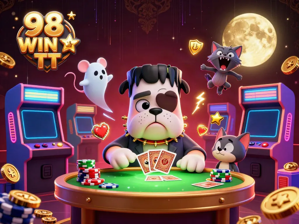 Engage with 98 WIN TT's vibrant game atmosphere featuring unique cartoon characters playing at a casino table.